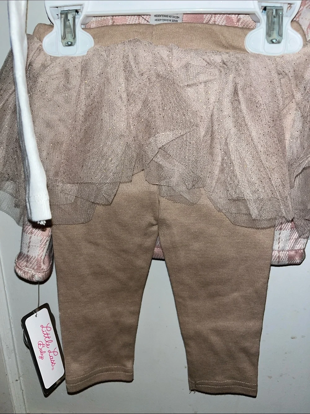Little Lass Pink Plaid Jacket with Tan Leggings Set